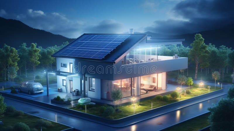 Solar panels installed and in use on roof of home stock illustration