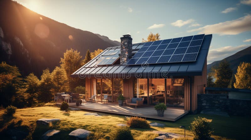 Solar panels installed and in use on roof of home royalty free illustration