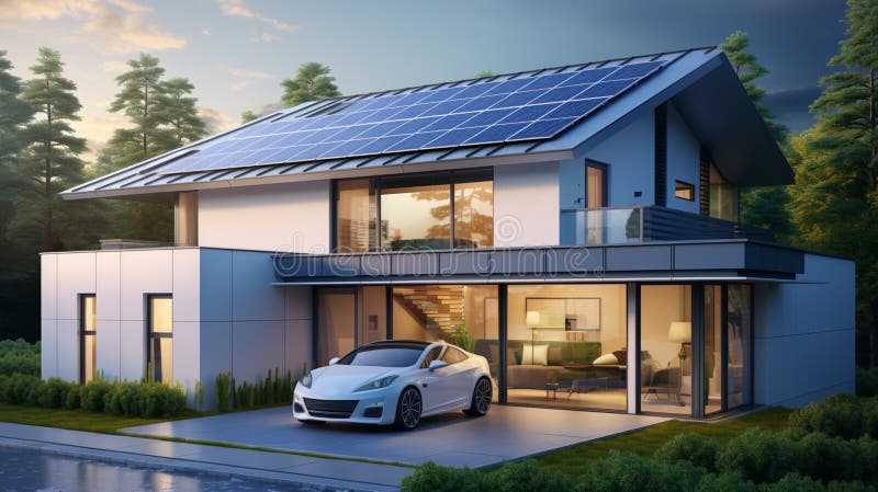 Solar panels installed and in use on roof of home stock illustration