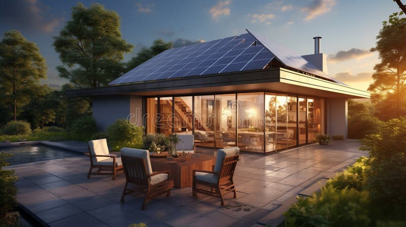 Solar panels installed and in use on roof of home royalty free illustration