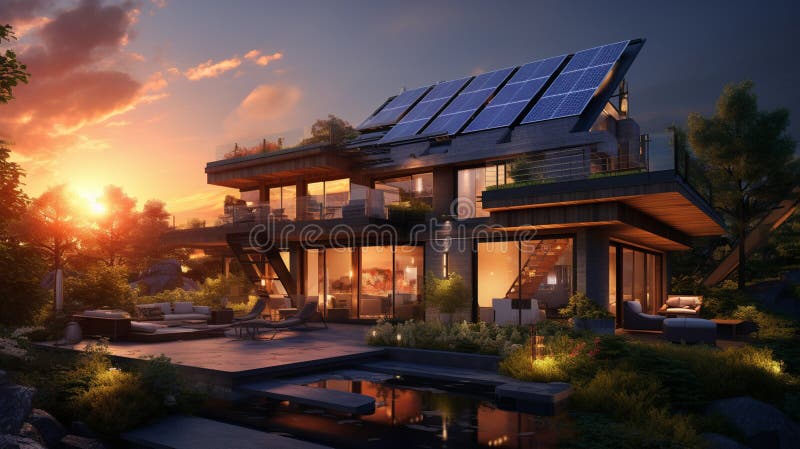Solar panels installed and in use on roof of home stock illustration