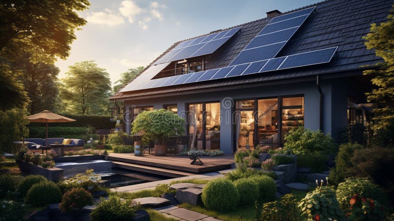 Solar panels installed and in use on roof of home royalty free illustration