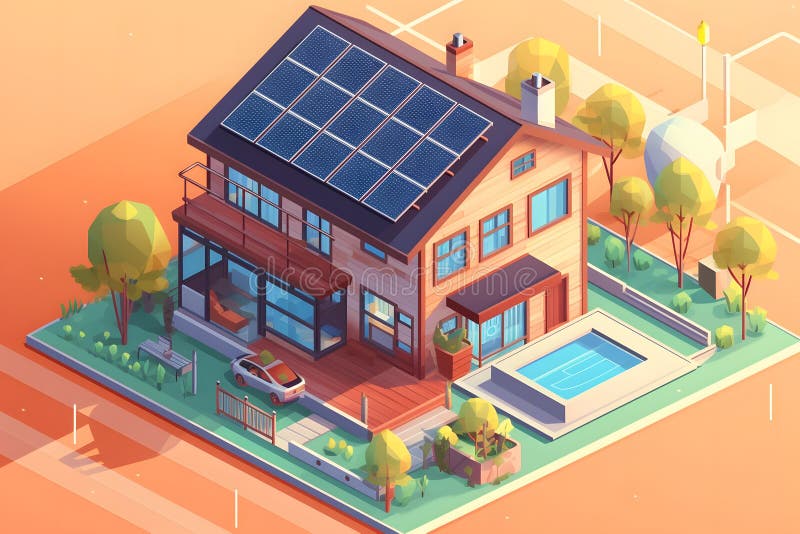 Solar panels on a private house. Neural network vector illustration.