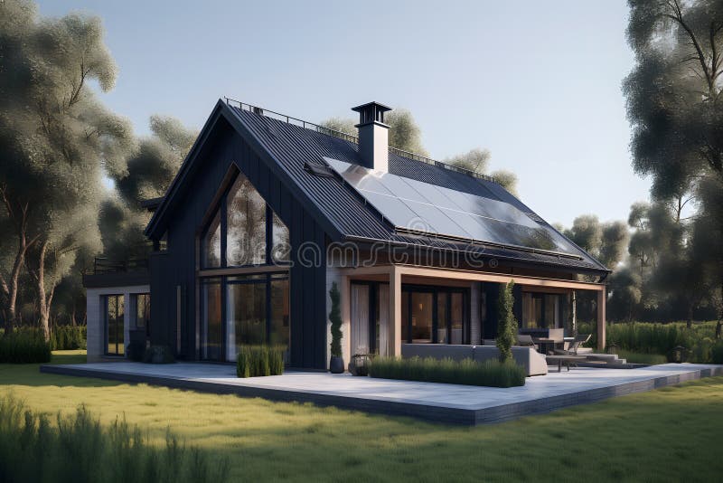 Solar panels on a private house. Neural network vector illustration.