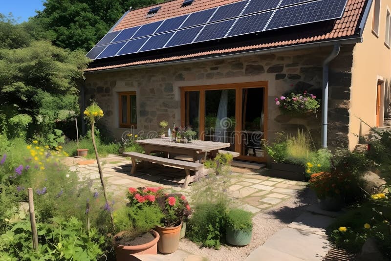 Solar panels on a private house. Neural network stock illustration.