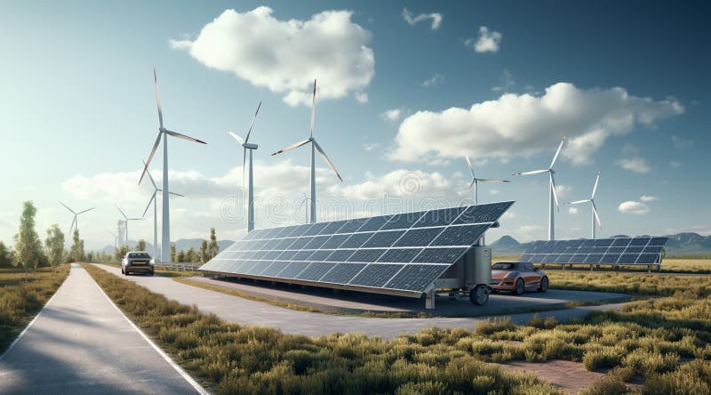 Solar panels and wind turbines. Energy concept stock photo