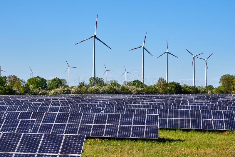 Solar panels and  wind power plants royalty free stock photography
