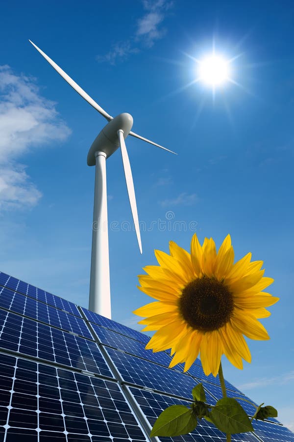 Solar panels, wind turbine and sunflower