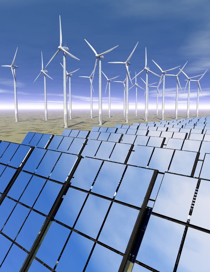 Solar panels and wind turbines in the desert royalty free illustration