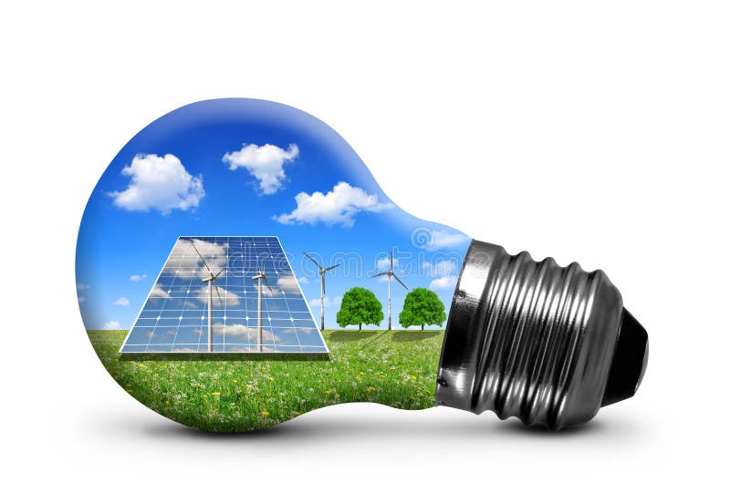 Solar panels and wind turbines in light bulb royalty free illustration