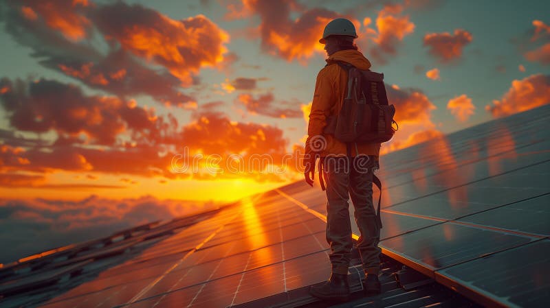 Solar Power Engineer Installing Panels at Sunset stock illustration