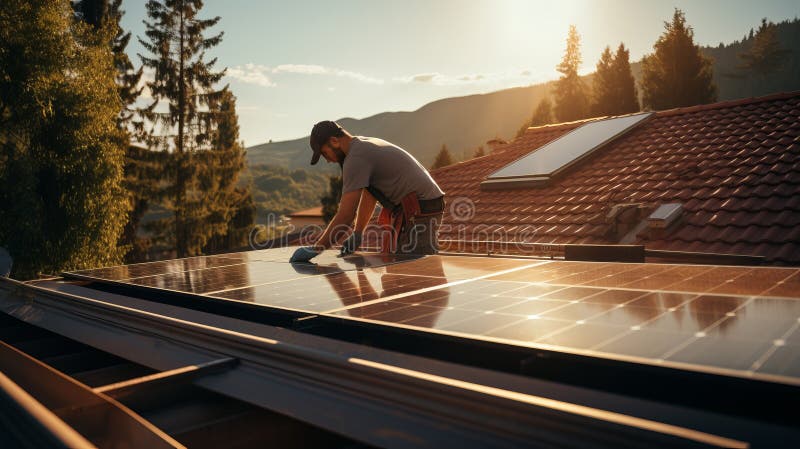 Solar power plant engineer inspecting renewable energy panels with technician and investor stock illustration