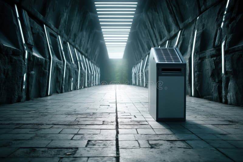 Solar-powered Compactor in an Eco-Futuristic Corridor With Soft Lighting and Modern Architecture stock photos