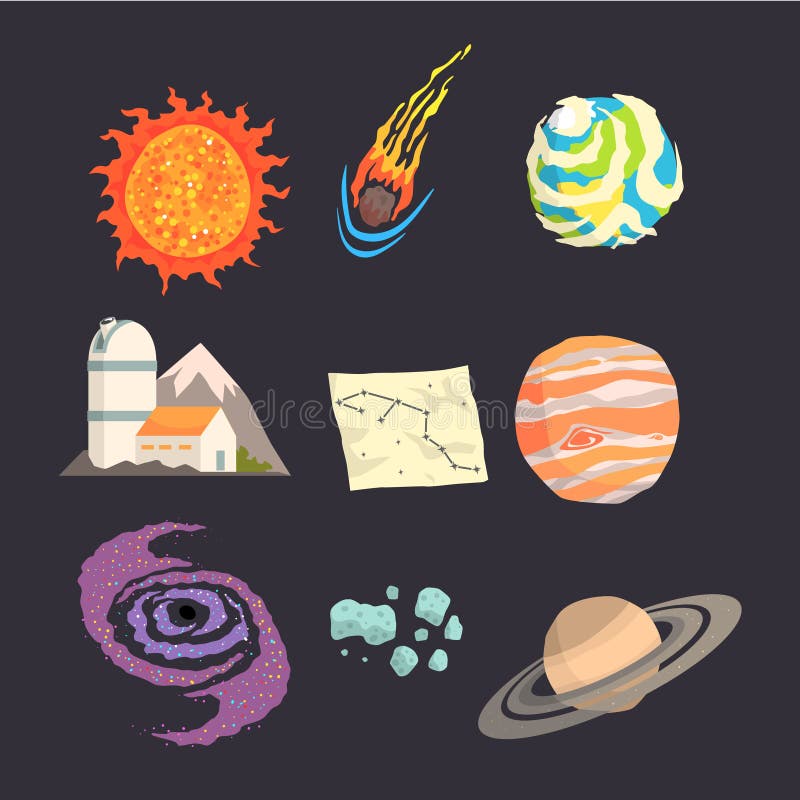 Solar system objects set. Colorful collection of cosmos, planetary science, astronomy Illustrations