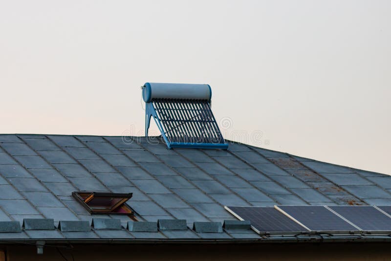 Solar Water Heater on Roof Top. Solar Panel for Hot Water, System on
