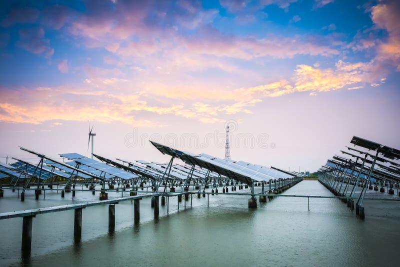Solar and Wind Power in Sunset Stock Photo Image of photovoltaic