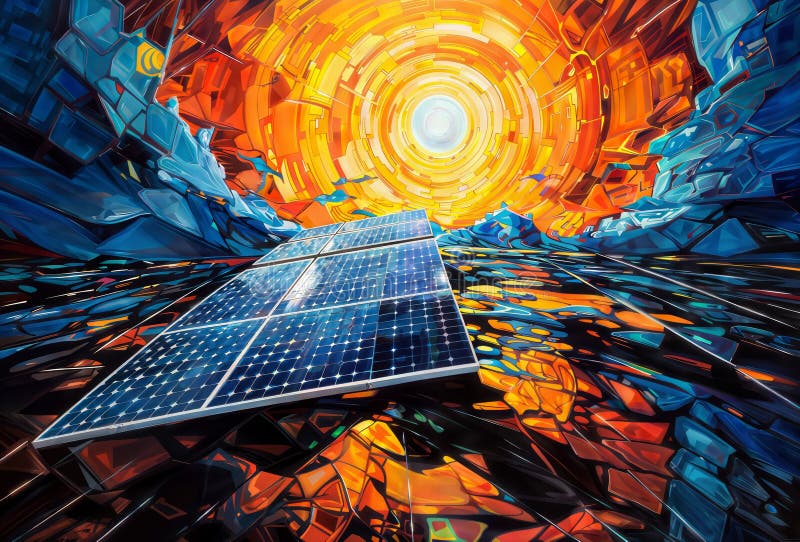 Solarenergie 3D-Illustration von Solarpaneelen auf einer futuristischen Hintergrund generative ai stock abbildung
