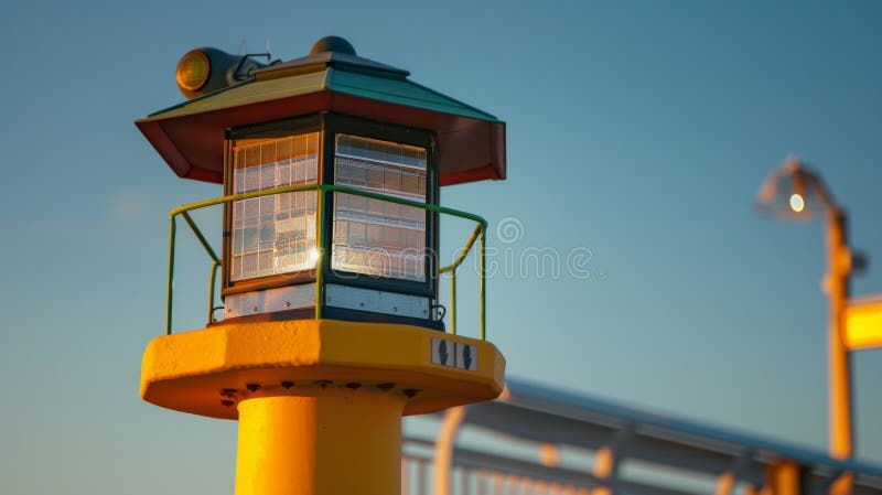 The solarpowered lighthouse is strategically positioned to receive maximum sunlight allowing it to function without stock photo