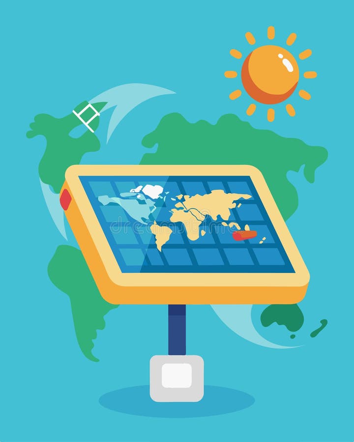 A solarpowered map projector that displays interactive maps teaching students about geography and renewable energy at vector illustration
