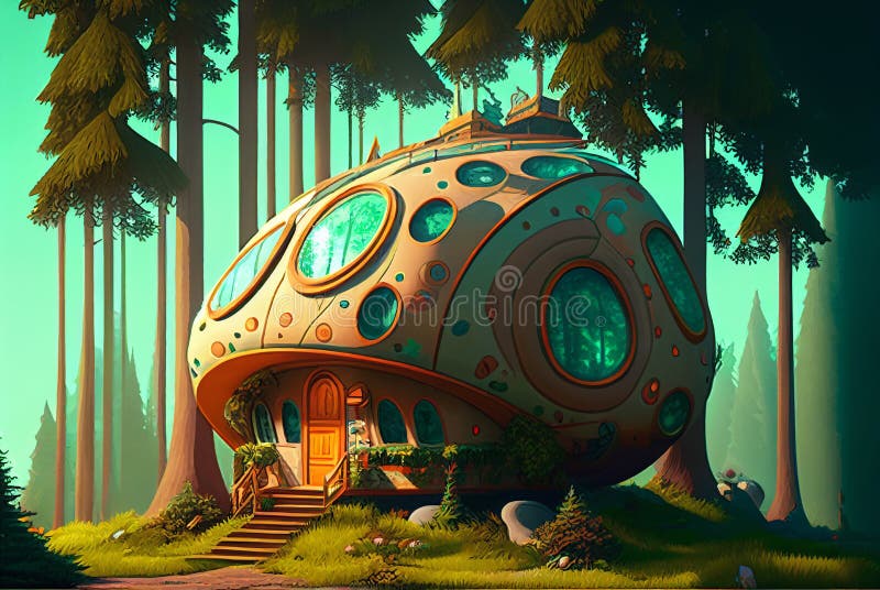 Solarpunk fantasy house in forest, cartoon style