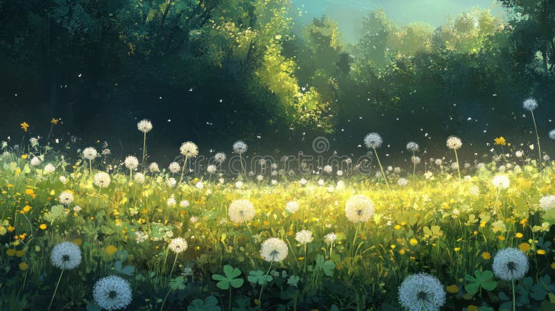 Solbelyst ängsmark med många dandelioner och vilda blommor omgivna av lush-grön skog vektor illustrationer