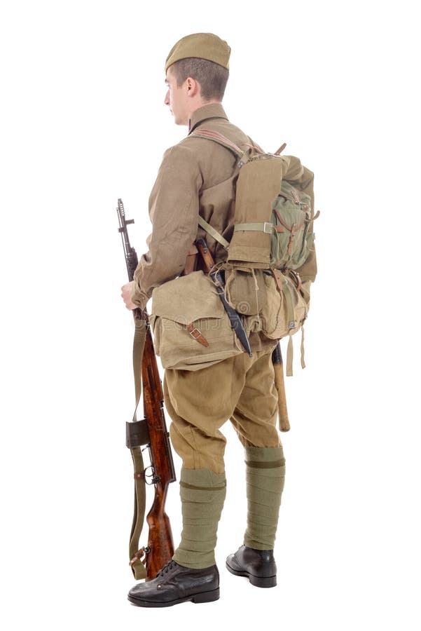 Soldado soviético joven con el rifle en el fondo blanco fotos de archivo libres de regalías Soldado soviético joven con el rifle en el fondo blanco fotos de archivo libres de regalías