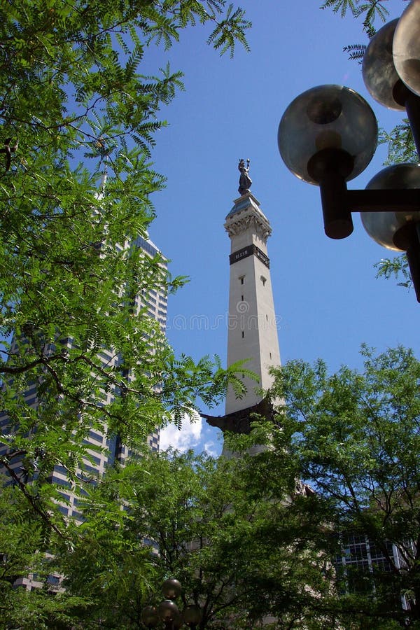 Located in Indianapolis, Indiana, this is a view of the top of the monument. It was completed in 1901 and is in the center of the city known as Monument Circle. Located in Indianapolis, Indiana, this is a view of the top of the monument. It was completed in 1901 and is in the center of the city known as Monument Circle.