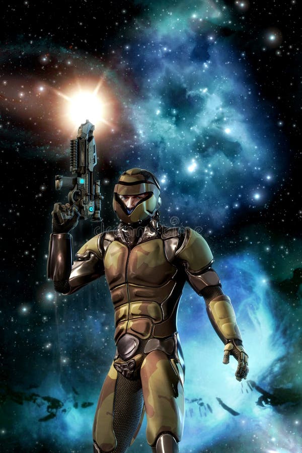 Soldat et starfield futuristes avec la nébuleuse et le soleil illustration libre de droits Soldat et starfield futuristes avec la nébuleuse et le soleil illustration libre de droits