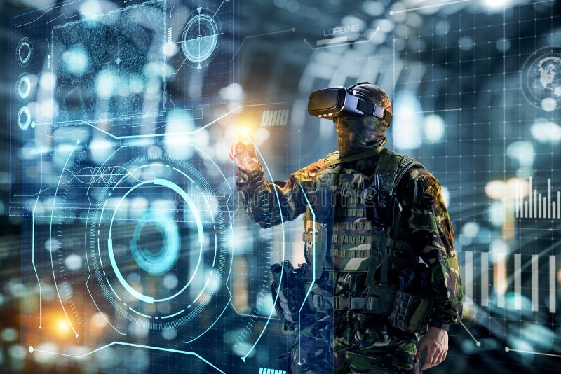 Soldat i virtuell verklighetexponeringsglas Militärt begrepp av futuen