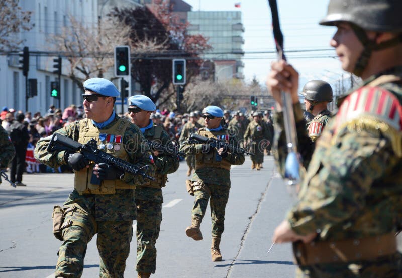 Chillan, Chile 18 September 2015. Blue Berets Chilean army contingent as part of the Peace Corps O.N.U l, parading during the celebration of the national anniversary in Chile. Chillan, Chile 18 September 2015. Blue Berets Chilean army contingent as part of the Peace Corps O.N.U l, parading during the celebration of the national anniversary in Chile