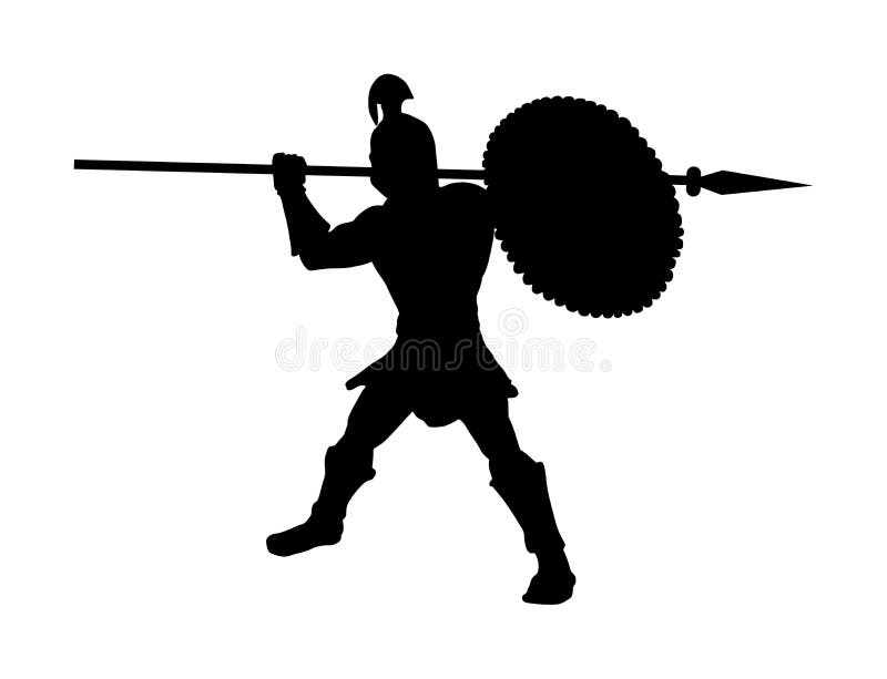 Soldato romano del legionario nella battaglia con la siluetta della lancia e dello schermo Forte guerriero spartano Gladiatore mu illustrazione vettoriale Soldato romano del legionario nella battaglia con la siluetta della lancia e dello schermo Forte guerriero spartano Gladiatore mu illustrazione vettoriale