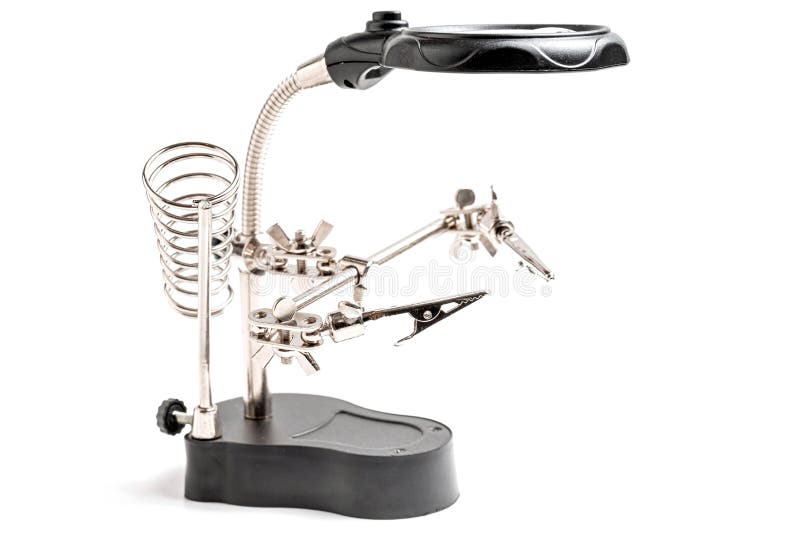Soldering Stand with Helping Clamps and Magnifying Glass on White