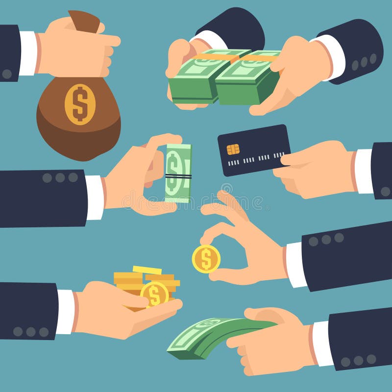 Soldi della tenuta della mano dell'uomo d'affari Icone piane per il prestito, il pagamento ed i contanti concetto posteriore royalty illustrazione gratis