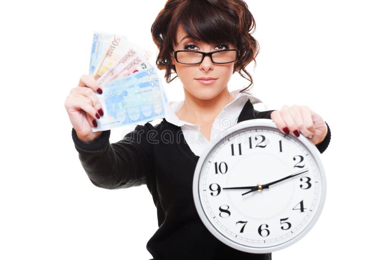 Soldi ed orologio della holding della donna immagini stock Soldi ed orologio della holding della donna immagini stock