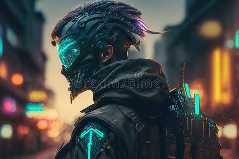 Free AI Image  Cyberpunk warrior looking over city