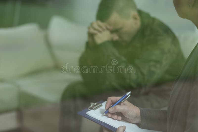 Soldier during therapy of depression royalty free stock photography Soldier during therapy of depression royalty free stock photography
