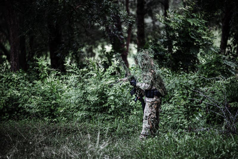 Camouflaged Sniper in the Forest Stock Photo - Image of people, scout:  148201428