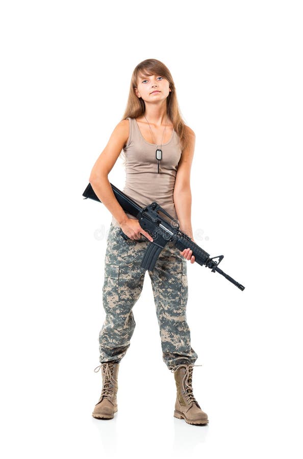 Soldier young beautiful girl dressed in a camouflage with a gun