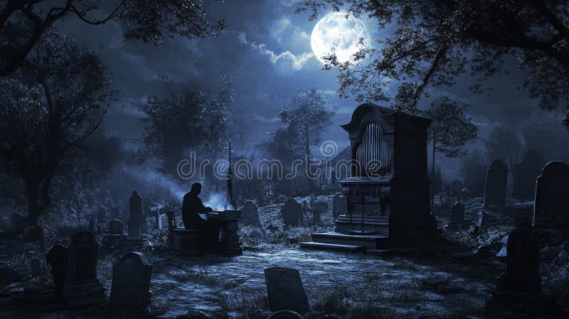 A Solemn Figure Plays an Organ in a Graveyard Under a Full Moon stock illustration