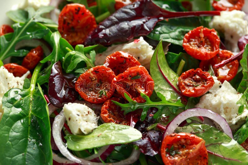 Solen torkade tomater som sallad med nya grönsaker blandar och mozzarellaost sund mat Closeu upp royaltyfria bilder Solen torkade tomater som sallad med nya grönsaker blandar och mozzarellaost sund mat Closeu upp royaltyfria bilder