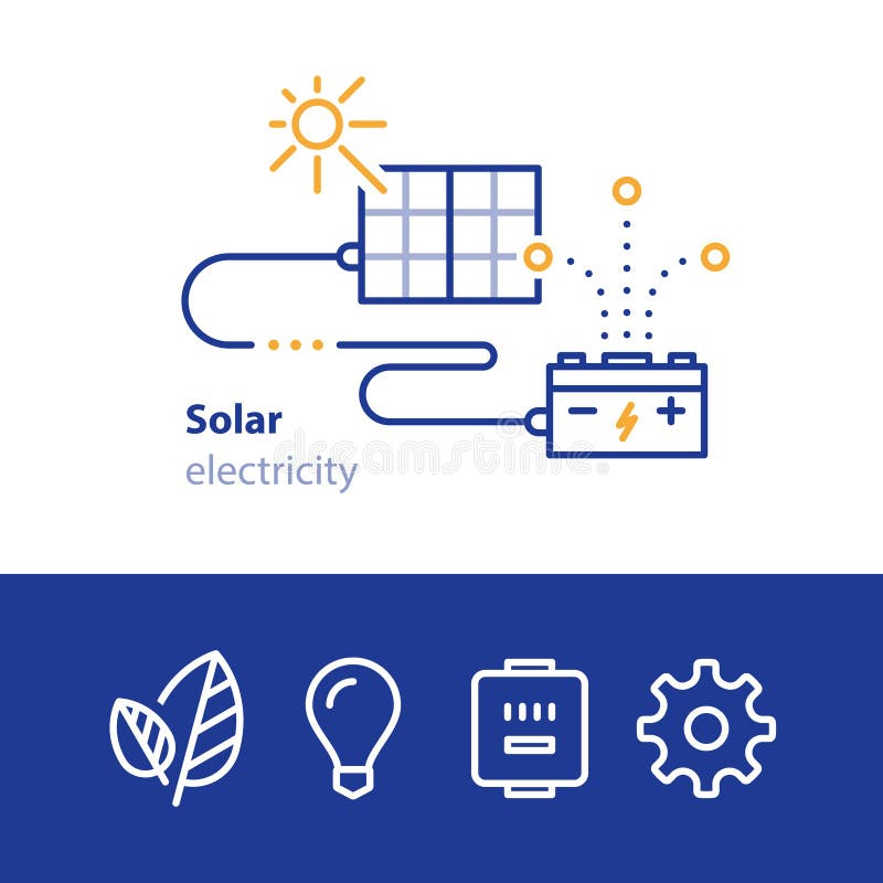 Solenergi, paneler och ackumulator, sol- elektricitetssymboler stock illustrationer Solenergi, paneler och ackumulator, sol- elektricitetssymboler stock illustrationer