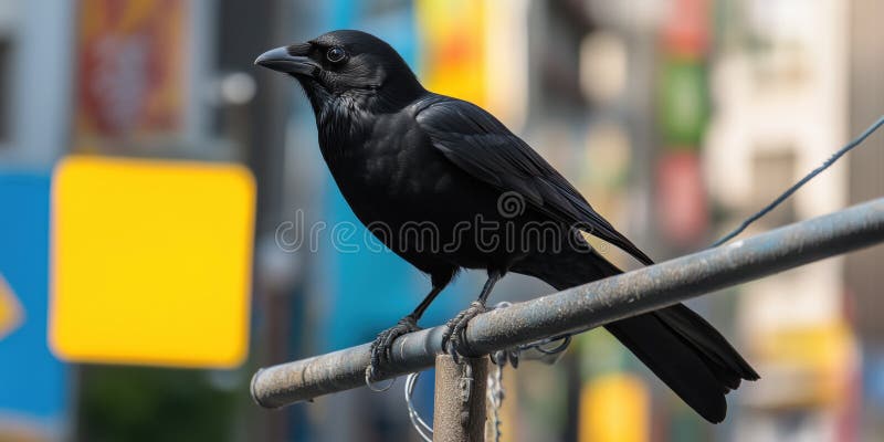 Solid black crow perched on urban electric pole vector illustration
