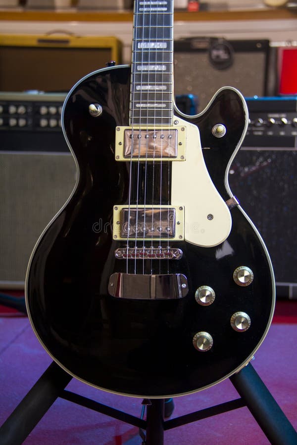 Solid Black Electric Guitar Les Paulstyle Stock Image Image of