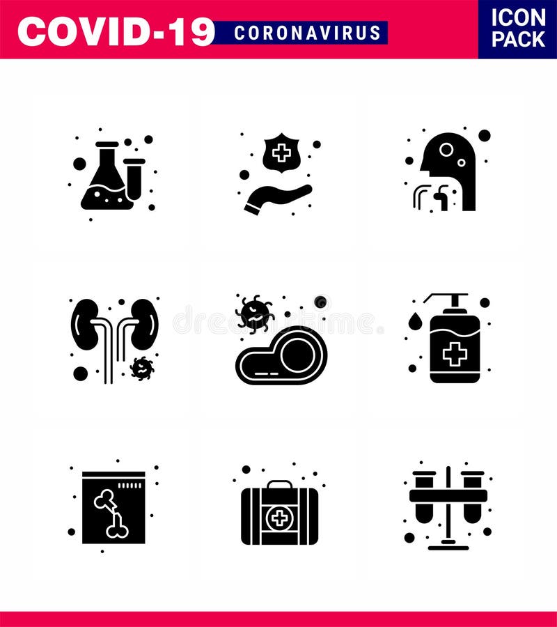 9 Solid Glyph Black Corona Virus pandemic vector illustrations bacteria, infection, cough, infected, throat stock illustration