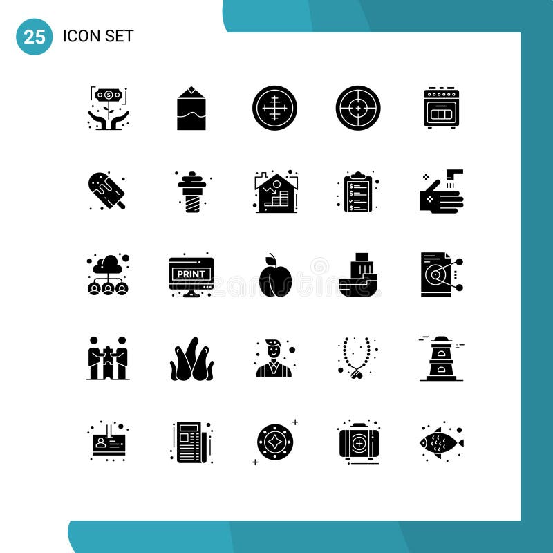 Solid Glyph Pack of 25 Universal Symbols of Candy, Baking Oven, Army