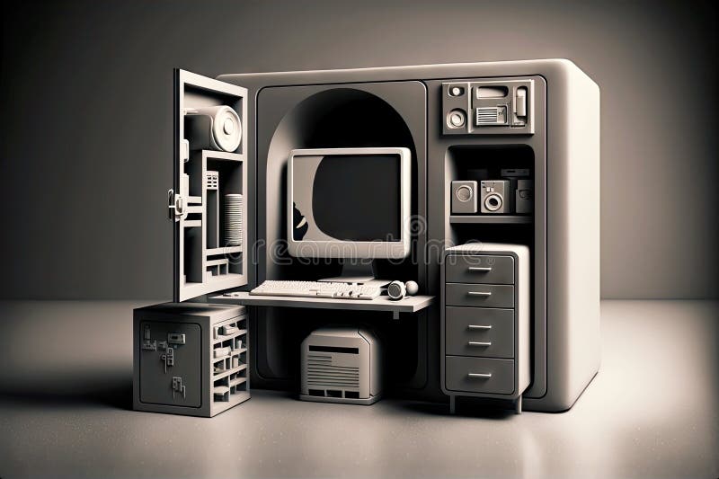 Solid office with computer symbolizing development of business concept stock illustration