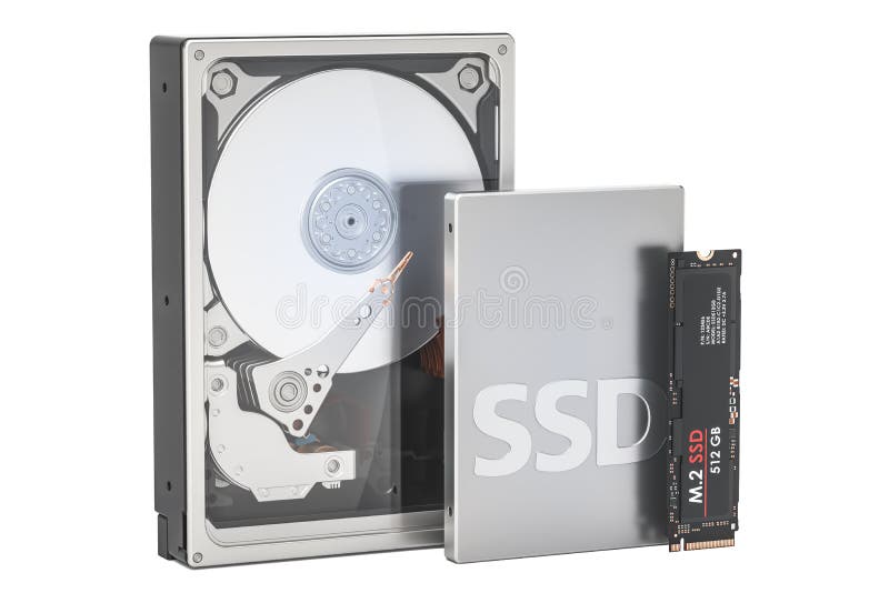 Solid state drive SSD, Hard Disk Drive HDD and M2 SSD, 3D render