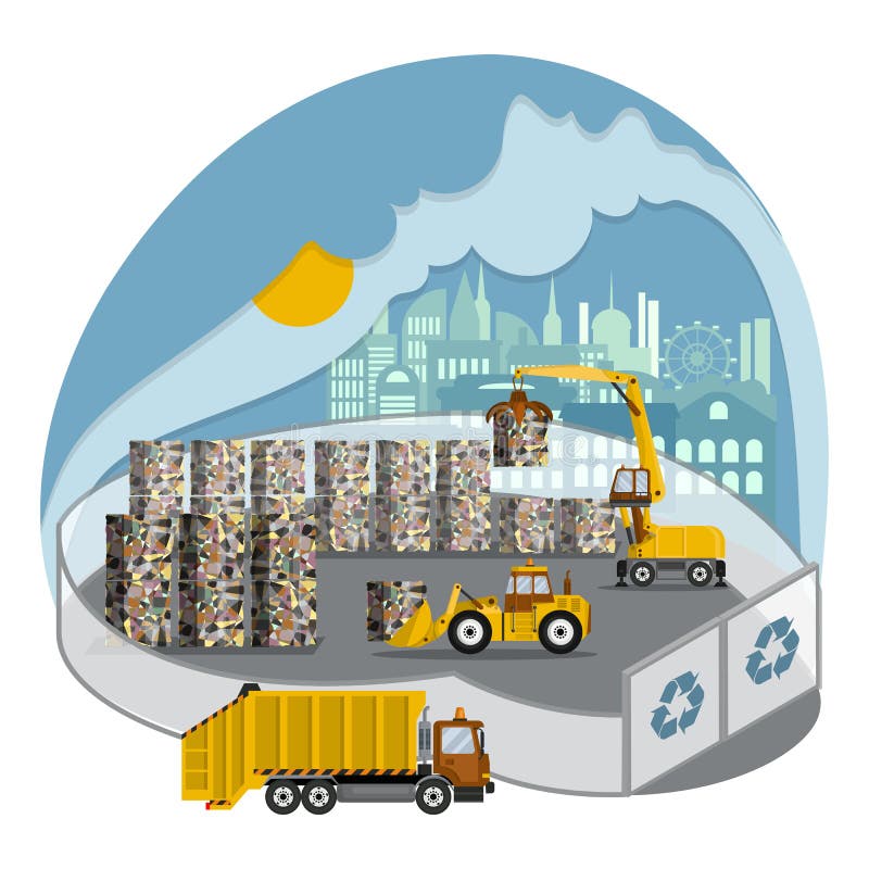 Solid-waste management. Storage of garbage blocks and preparation of waste for recycling in a modern landfill. Clean city. Special equipment for dumps at work royalty free illustration Solid-waste management. Storage of garbage blocks and preparation of waste for recycling in a modern landfill. Clean city. Special equipment for dumps at work royalty free illustration