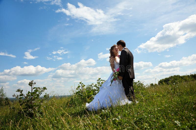 Wedding couple stand in grass in sunny summer day. Wedding couple stand in grass in sunny summer day