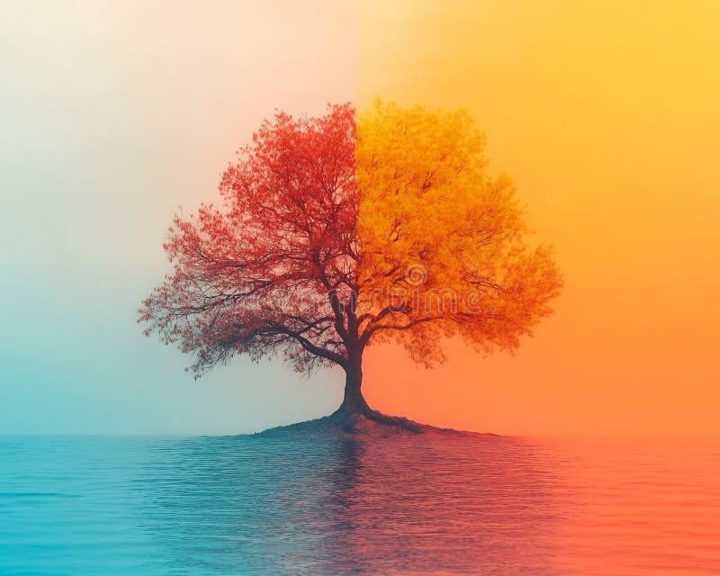 Solitaire Autumn Tree Island Peaceful Sunrise Coloré Nature ciel rouge art brouillard bleu calme illustration libre de droits